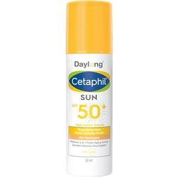 Weiße Flasche mit gelbem Deckel und Schriftzug "Cetaphil SUN SPF 50+".