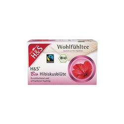 Eine Packung H&S Bio Hibiskusblüten-Tee mit Fairtrade- und Bio-Logo.