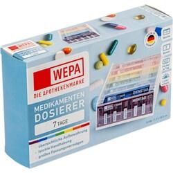 Blauer Medikamentendosierer für 7 Tage mit farbigen Tabletten auf der Verpackung.